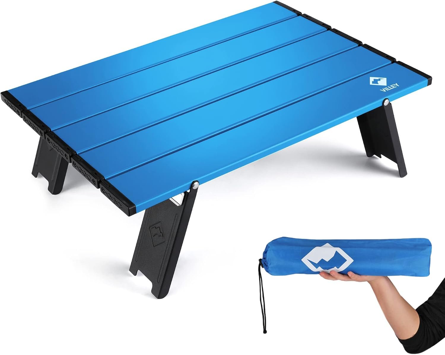 VILLEY Portable Mini Folding Beach Table, Ultralight Aluminum Side Table | Lightweight Aluminum Side Table with Carry Bag for Beach, Camping, Picnics, Hiking, Fishing & Travel, Blue