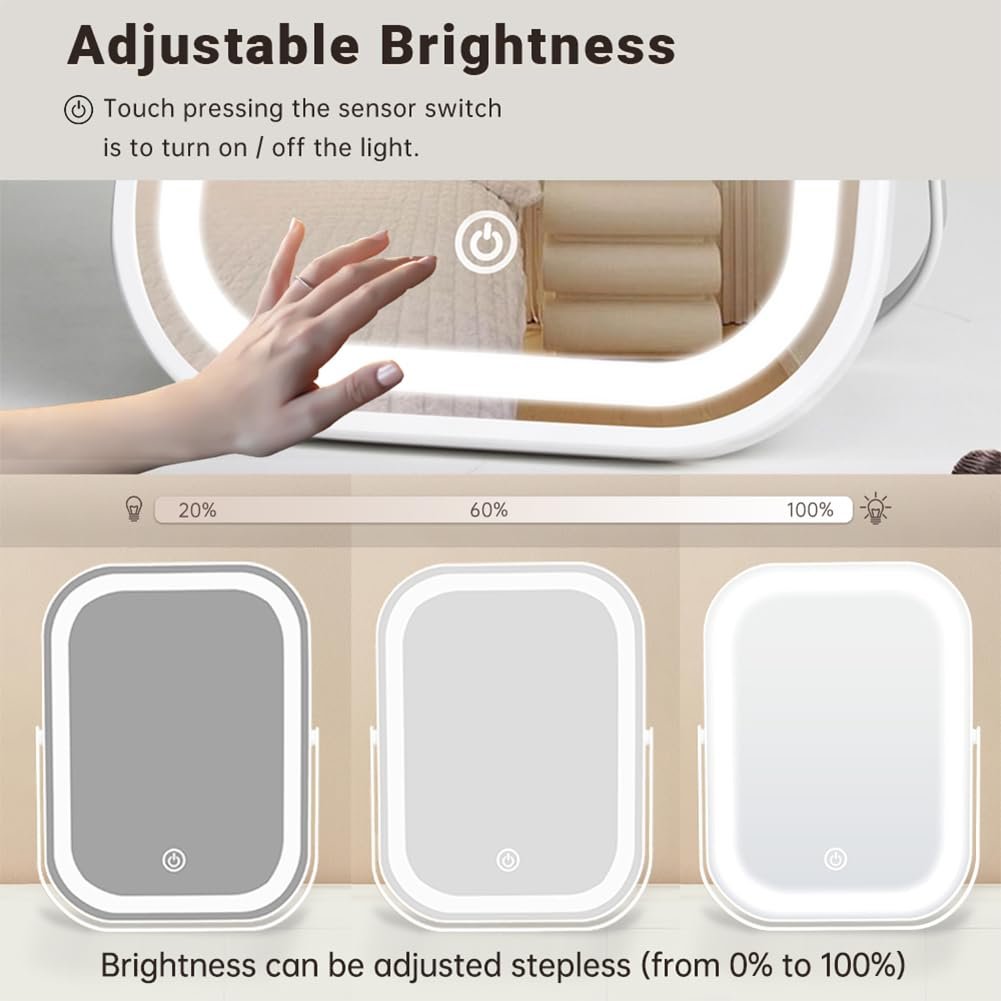 YEKKOPT Travel Makeup Mirror with Lights, Portable Small Beauty LED Vanity Mirror with Lights, 1200mAh Battery, Dimmable Touch Screen, Tabletop Folding Compact Mirror,Women Gift - Image 4