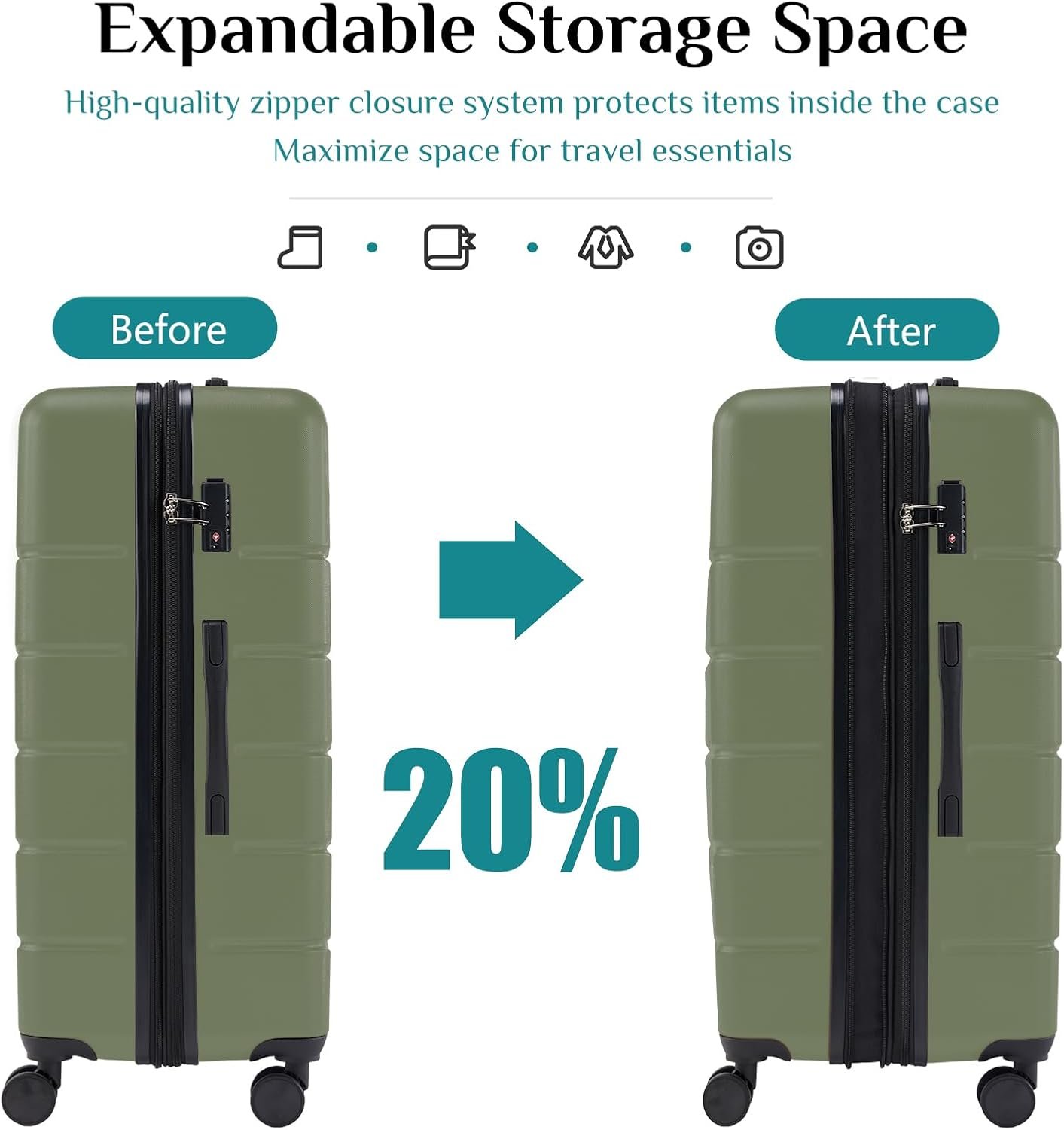 OLIXIS 20 Inch Carry-On Luggage, Hardside Suitcase with Spinner Wheels, Lightweight ABS Hard Shell Travel Luggage, TSA Approved Lock, Expandable Small Suitcase for Business & Travel–Olive Green - Image 5
