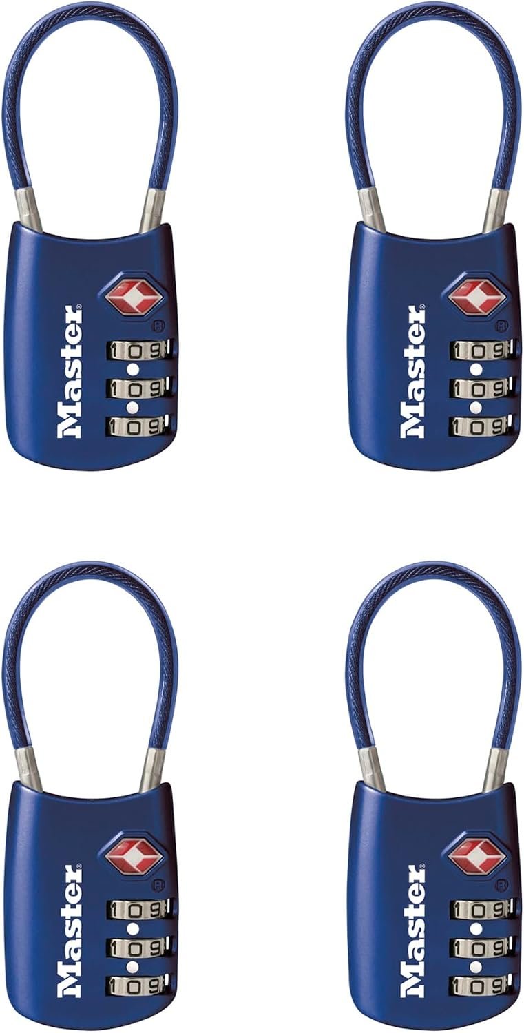 Master Lock TSA Approved Combination Luggage Lock, Blue, 4-Pack 4688BLUEC4 | TSA Accepted Set Your Own Combination Luggage Lock For Suitcases, Backpacks, Travel and Airport Security, 3-digit Lock 4-pack