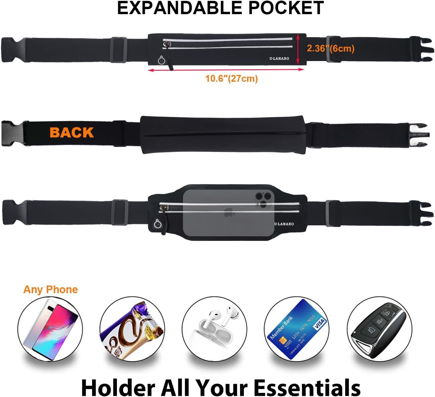 U·LANARO Slim Running Belt Fanny Pack Running Phone Holder Waist Band Pouch | Fits ALL Phones, Marathon Sport Workout Exercise Fitness, Money Belt, Expandable Pocket, Runners Gear Accessories, Men Women - Image 3