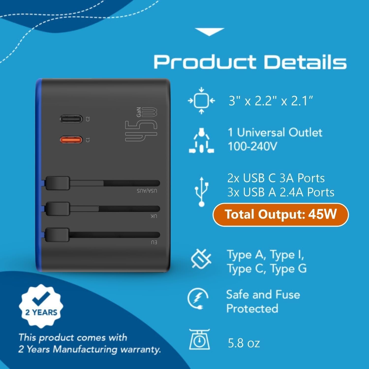 Ceptics Universal Travel Adapter, 45W International Power Adapter with PD & QC 3.0 Dual USB-C, 3 USB Travel Adapter Worldwide, Type I C G A Outlets - EU Euro US UK (11-KU) - Image 6