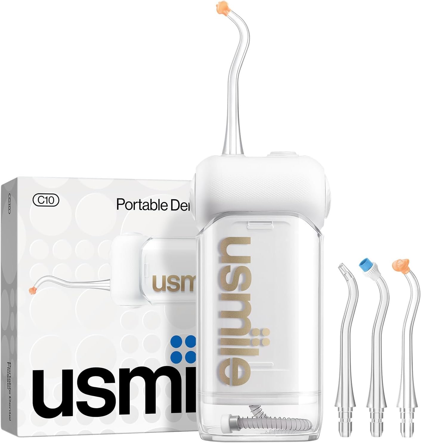 usmile C10 Portable Water Flosser for Travel, 95-Day Battery, IPX7, White | 180ml Tank, 4 Modes, 360° Nozzle, Cordless Oral Irrigator for Braces, Implants & Sensitive Teeth, Teeth Cleaner
