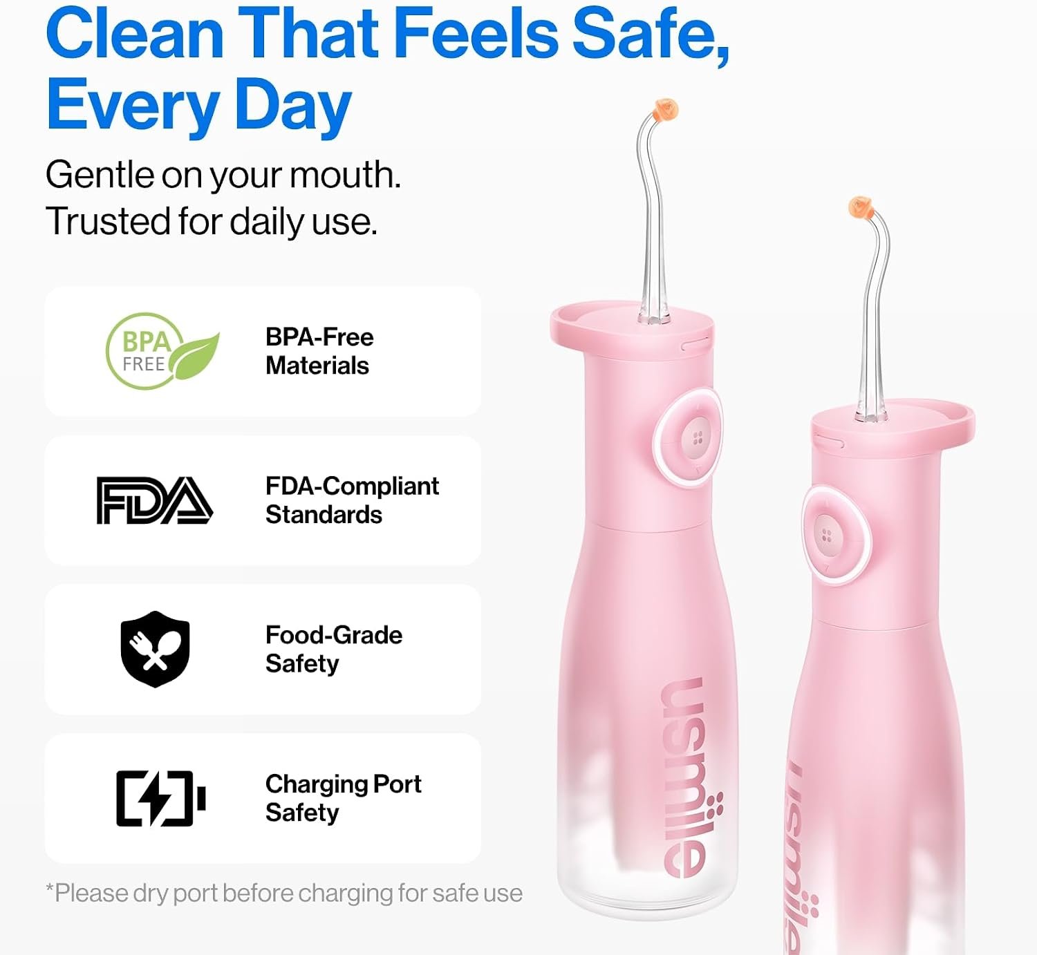 usmile C30 Cordless Water Flosser, 300ml Tank, 5 Modes, IPX7, Pink | S-Shaped Nozzle, USB-C Rechargeable Portable Oral Irrigator for Braces, Sensitive Gums, Teeth Cleaner, Home & Travel - Image 5