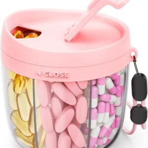 AMOOS Cute Pill Dispenser with Anti-Mix Design, 7-Slot, BPA-Free, Patented | Portable Travel Pill Organizer, Wide Mouth for Easy Access, Pill Bottle Organizer for Vitamins, Fish Oils, Supplements, Pink