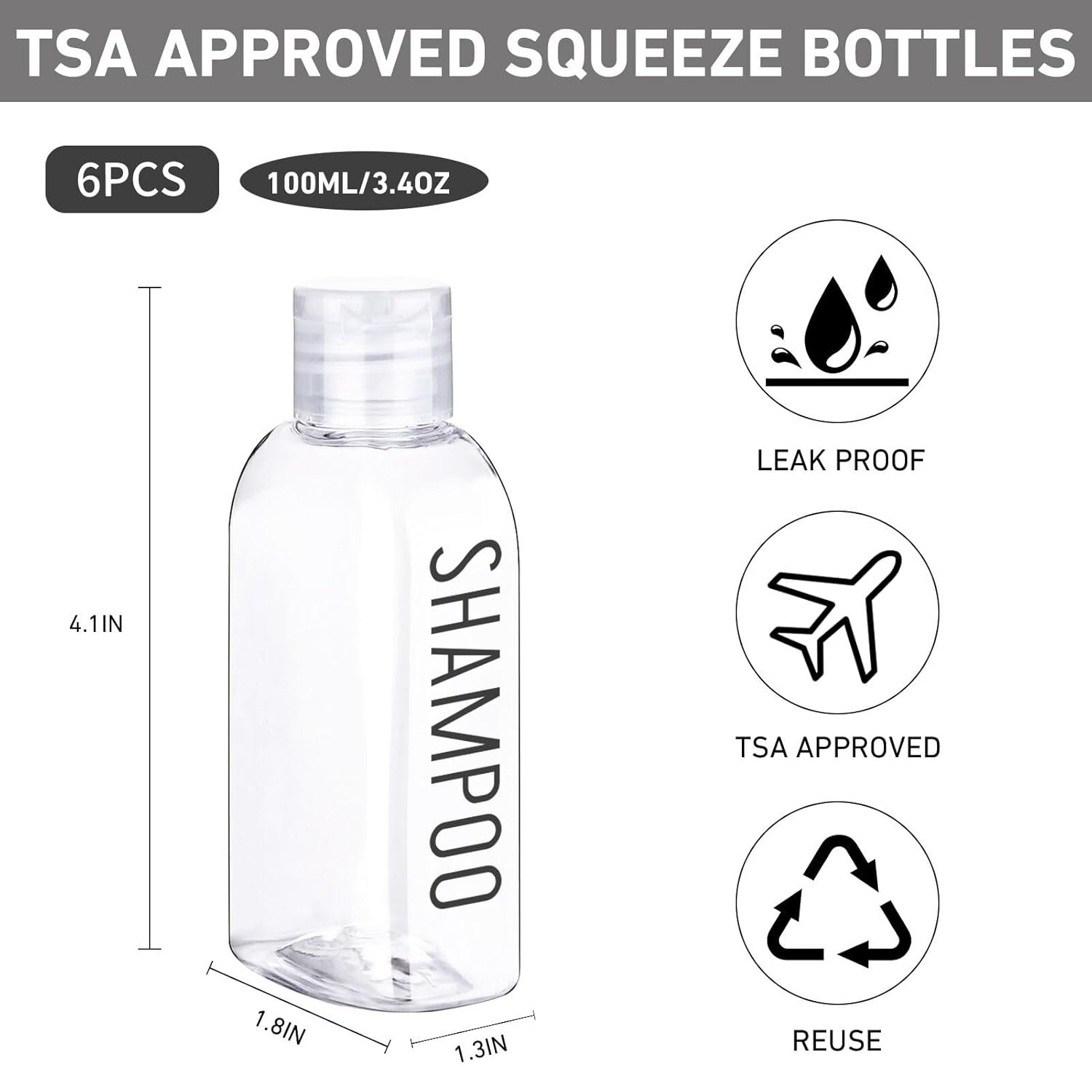 3.4 oz Clear PET Travel Bottles for Toiletries 6-Pack | Reusable, Thick, Tight-Sealing Flip Caps, Print on Label, Permanent Identification Stays, 2 Label Sheets, for Toiletries - Image 3