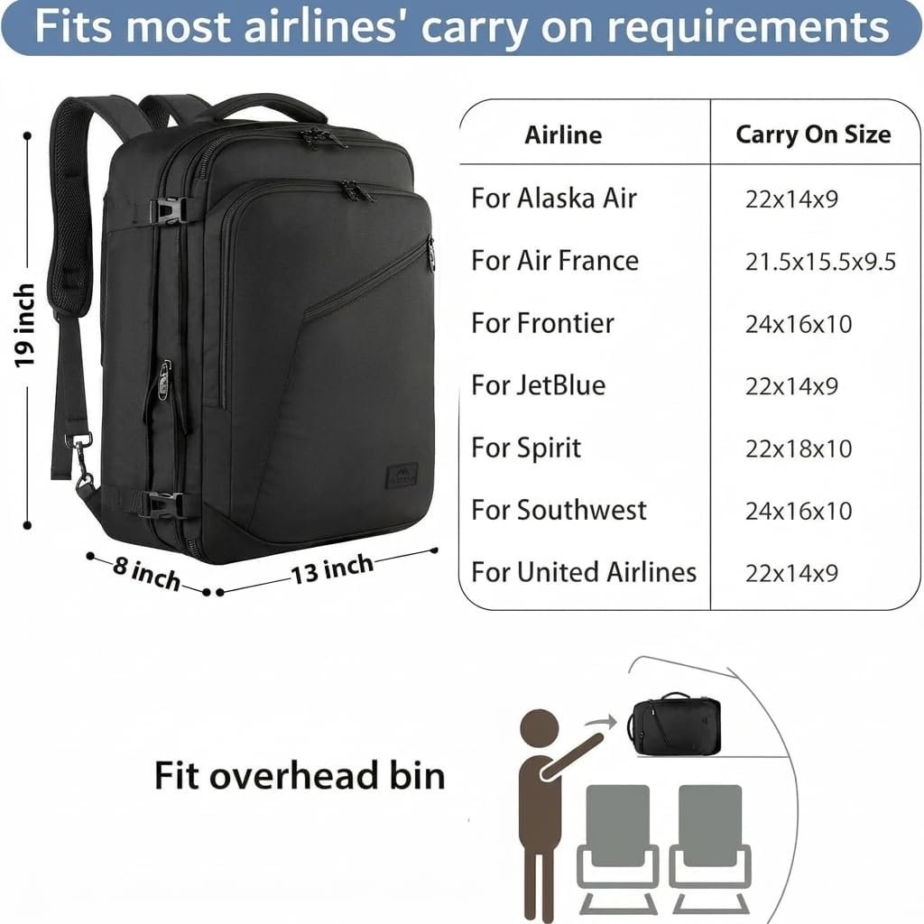 MATEIN Carry on Backpack, Extra Large Expandable Travel Backpack for Men | Airplane Approved, Weekender Bag for Women, mochila de viaje, Water Resistant, Lightweight Daypack for Flight, 40L, Black - Image 2
