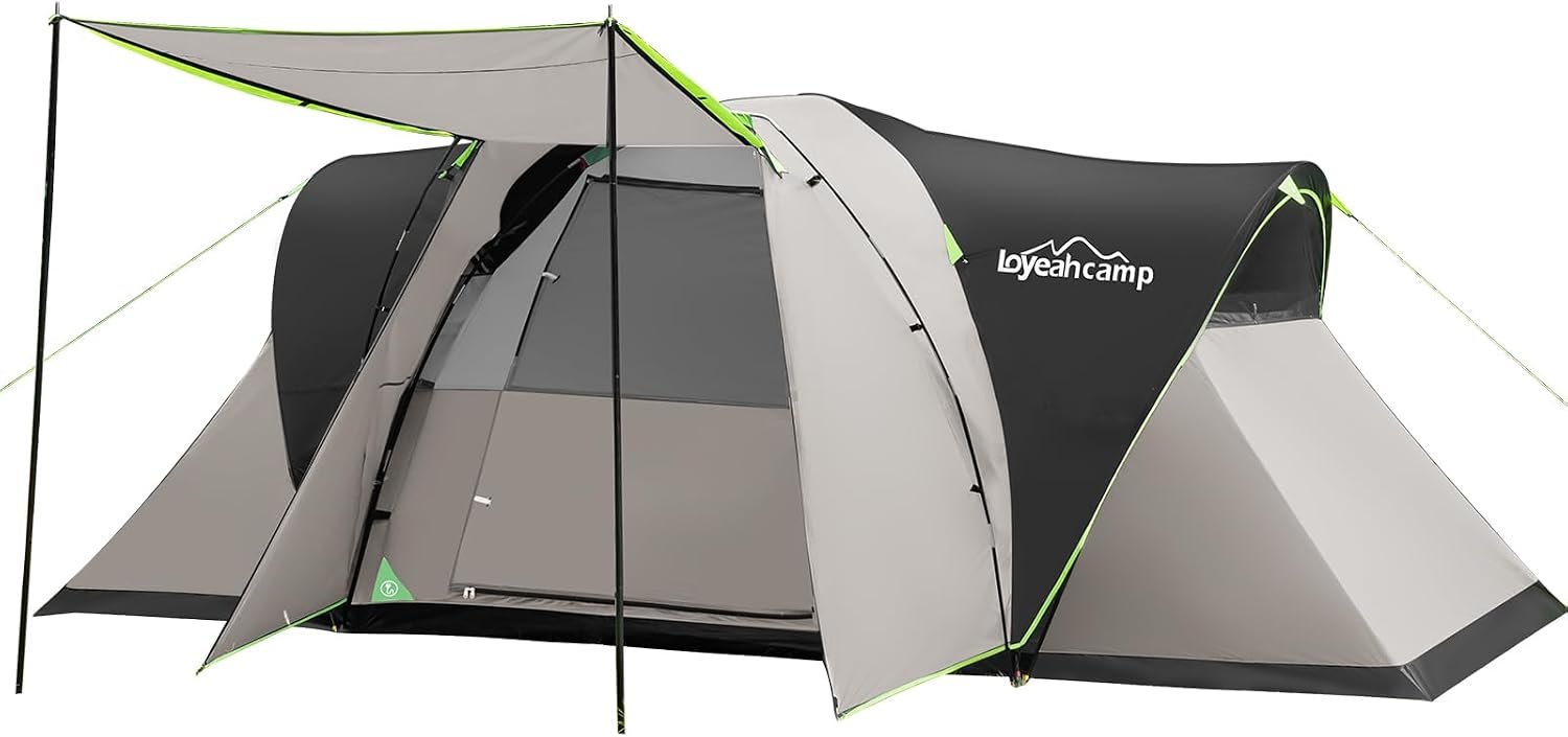 LOYEAHCAMP 8 Person Larger Extended Dome Camping Tent with 3 Rooms | Waterproof Semi-Freestanding Family Outdoor Tent with Spacious Interior and Mesh Windows