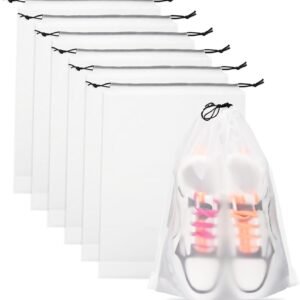 Teskyer Shoe Bags for Travel, Waterproof Drawstring Shoe Bags, 6 Pack | 15.7" x 11.8" Fits Most Shoes, Reusable PE Material, Tear-resistant Design, Travel Essentials for Organized Packing