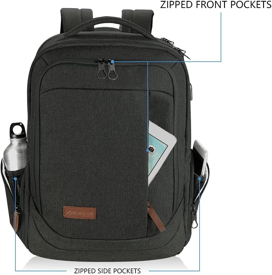 KROSER Laptop Backpack Computer Backpack 17.3 Inch for Men-Charcoal Black | Laptop with USB Charging Port Water-Repellent Travel Large Backpack Casual Daypack Business/College/Women - Image 2