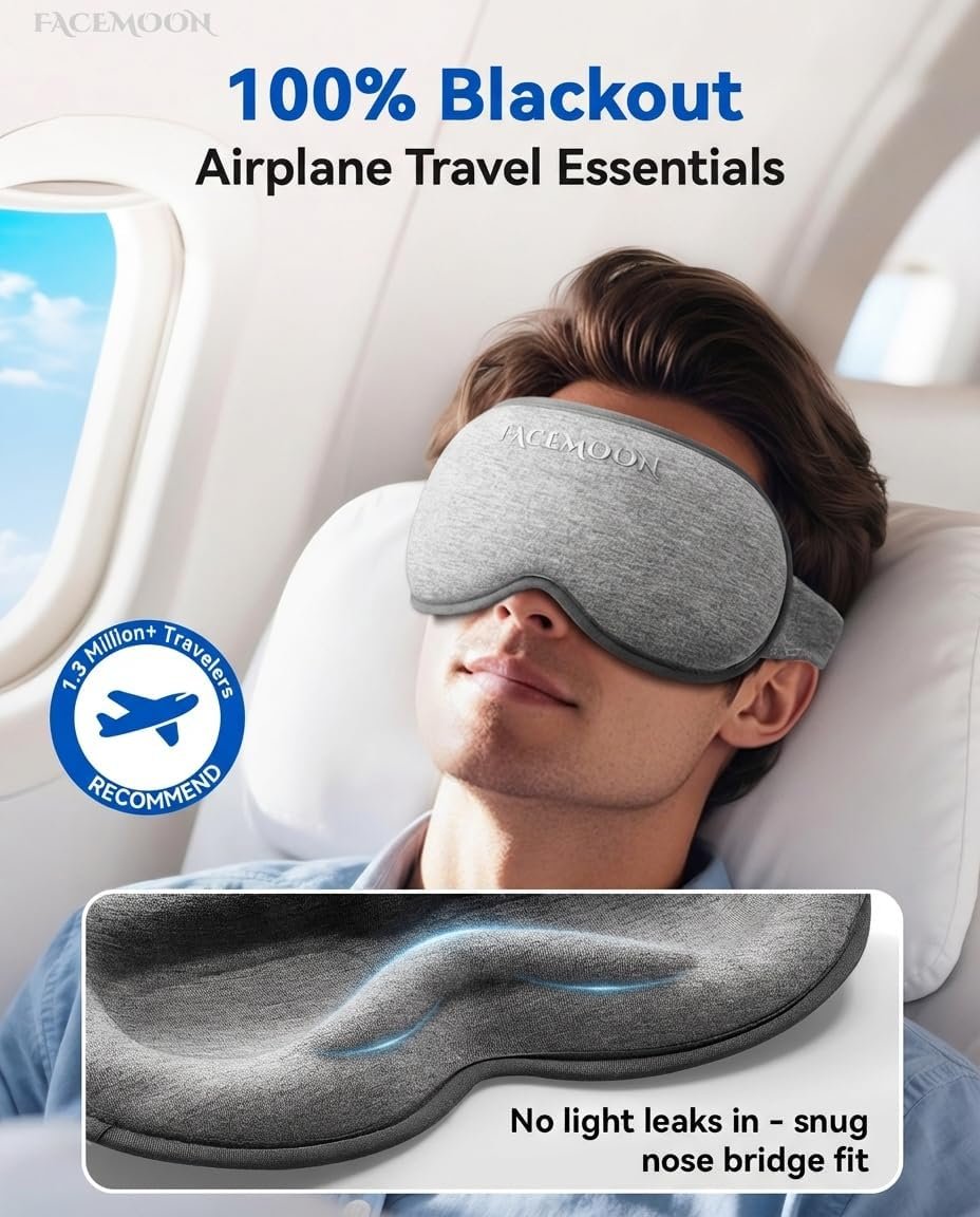3D Blackout Weighted Eye Mask for Sleep, Airplane Travel Essential | Long flights, road trips, gentle weighted comfort, deep cups, lash-friendly, adjustable strap, daytime naps for men & women - Image 2