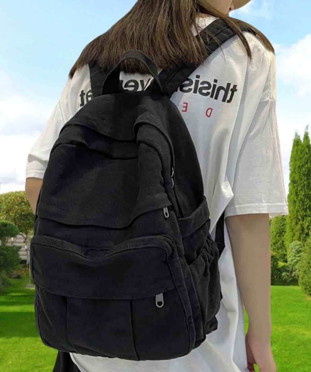Black Canvas Backpack for Women & Men Retro Aesthetic Rucksack Basic Backpack for High School/College Students Travel Laptop Bag - Image 5
