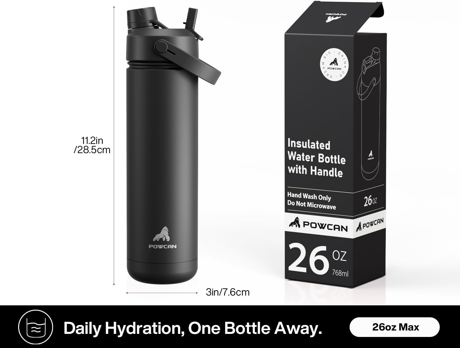 POWCAN 26 oz Insulated Water Bottle with 2-in-1 Straw and Spout Lid, Keep Cold 24H, Leak-Proof, Fits in Car Cup Holder, Stainless Steel Water Bottle for Sports, Travel, and School (Dark Knight) - Image 6