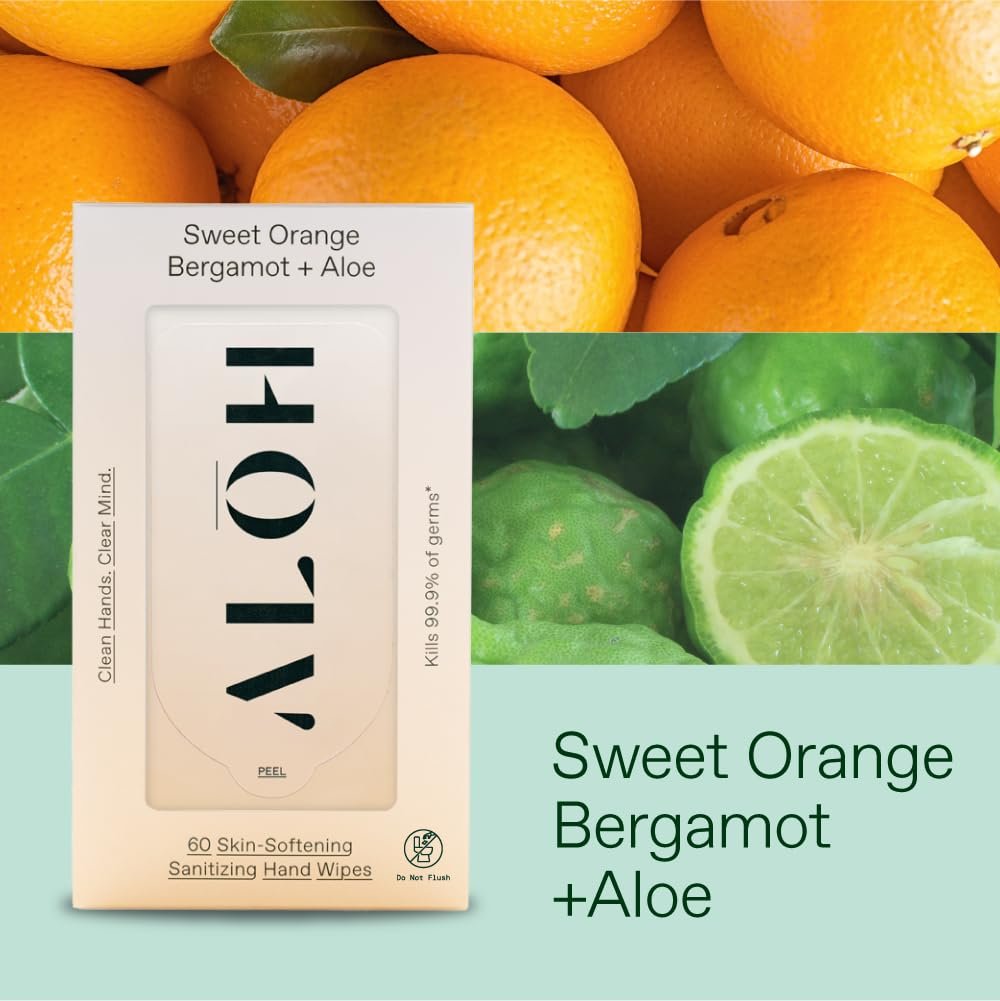 ALŌH Sweet Orange Bergamot + Aloe Hand Sanitizer Wipes, Travel Size | Clean Hands, Clear Mind, On The Go for Kids and Adults | Alcohol Free, Moisturizing, Scented | 3 Pack 20ct Wipes (60 wipes) - Image 2