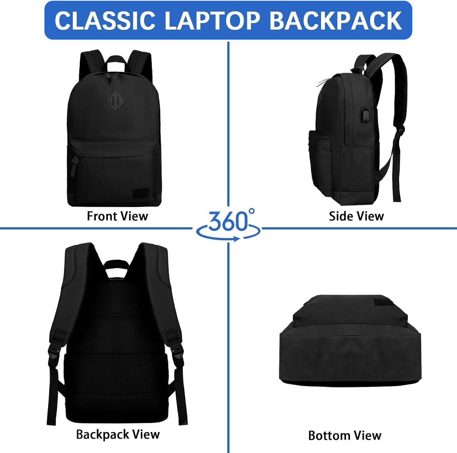 Backpack for Men Women,Travel Laptop Backpack, Water Resistant 17.3 Inch USB Charging Backpack, Large Capacity Work Commute Bag,All Black - Image 6