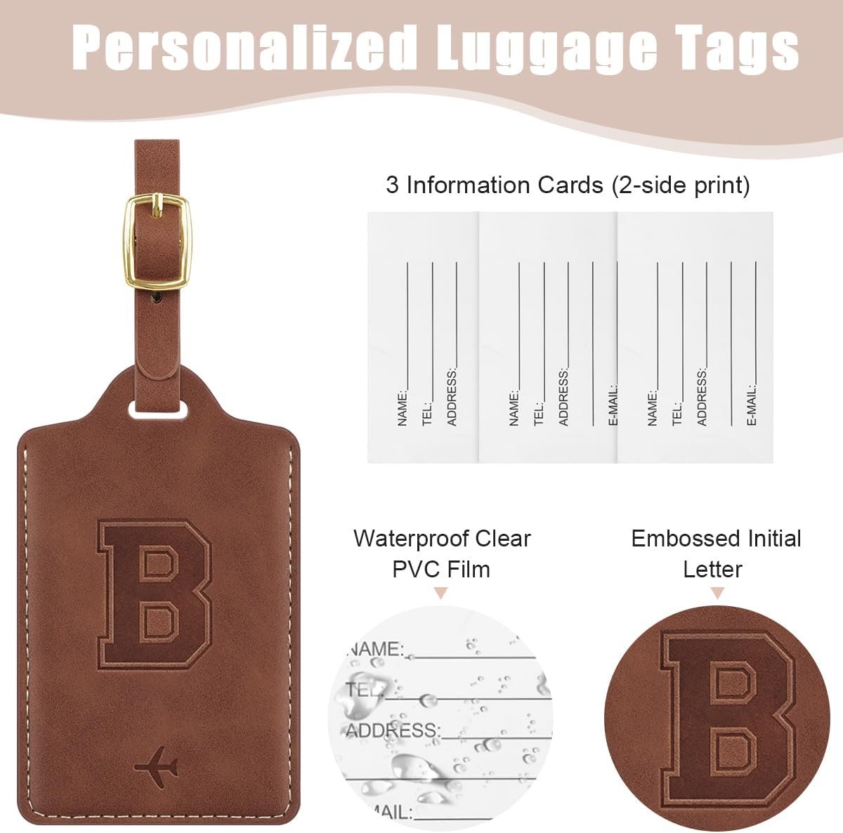 Luggage Tags for Suitcase Personalized Initial Leather Bag Tags | Embossed Travel Tags, 3 Info Cards, Privacy, Travel Essentials, Monogrammed Letter, Backpack Tags, Women and Men, Brown B - Image 3