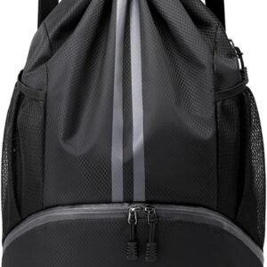 JELUTAR Drawstring Backpack Gym Bag with Shoes Compartment, Black | Water-Resistant String Backpack for Soccer, Basketball, Swim, Beach Cinch for Women Men, 22 L Large Capacity, Wet Pocket