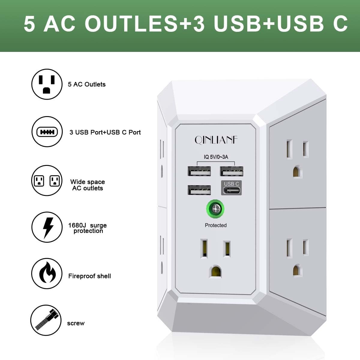Wall Charger, Surge Protector, QINLIANF 5 Outlet Extender with 4 USB Ports | 1680 Joues, 3-Sided Power Strip, Multi Plug Wall Outlet Adapter Spaced for Home Travel Office - Image 2