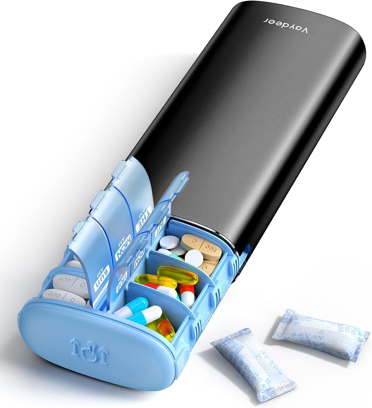 Vaydeer Metal 7 Day Travel Pill Organizer 2 Times a Day, Built-in Desiccant | AM PM weekly Travel Pill Case, Twice-Daily,Airtight Large Capacity Pill Box for Vitamins, Medication, Supplements & Fish Oil