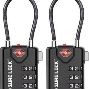 SURE LOCK TSA Approved Luggage Locks with Open Alert Indicator, 3 Digit Combination Cable Travel Lock for Suitcase, Backpack & Travel Bag, 2 Pack Black