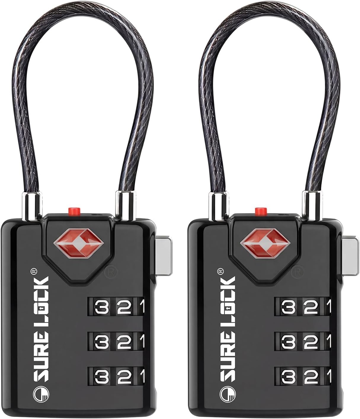 SURE LOCK TSA Approved Luggage Locks with Open Alert Indicator, 3 Digit Combination Cable Travel Lock for Suitcase, Backpack & Travel Bag, 2 Pack Black