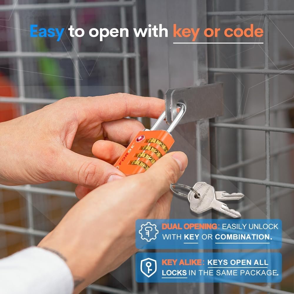 Forge Dual-Opening: Key or Combination Access Lock, TSA Approved Locks for Luggage, Pelican case, Travel, Gym, School, Stainless Steel Shackle.(Orange, 2 Pk) - Image 3