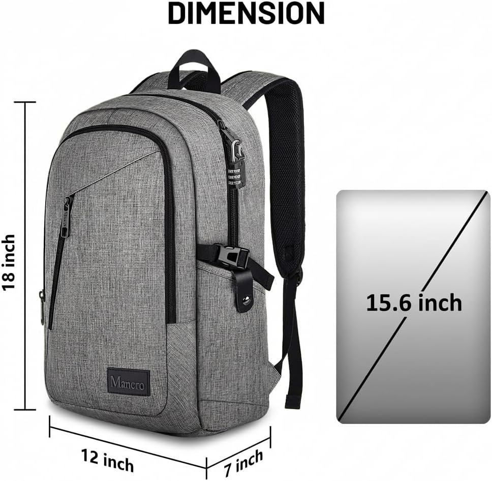 Mancro Laptop Backpack for Travel, Anti-theft Business Backpack for Men | Water Resistant Work Daypack with Lock, Travel Computer Bag with Laptop Compartment Fits 15.6 Inch Laptop for Men Women, Grey - Image 5