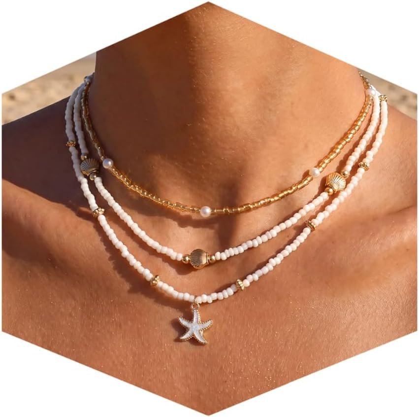Nackiy Shell Starfish Necklace for Women, Boho Beach Vacation Jewelry | Gold Plated Layered Charm Necklace, Boho Bead Strands, Adjustable Fit, Pearl Shell Starfish Charms, Summer Jewelry Gift