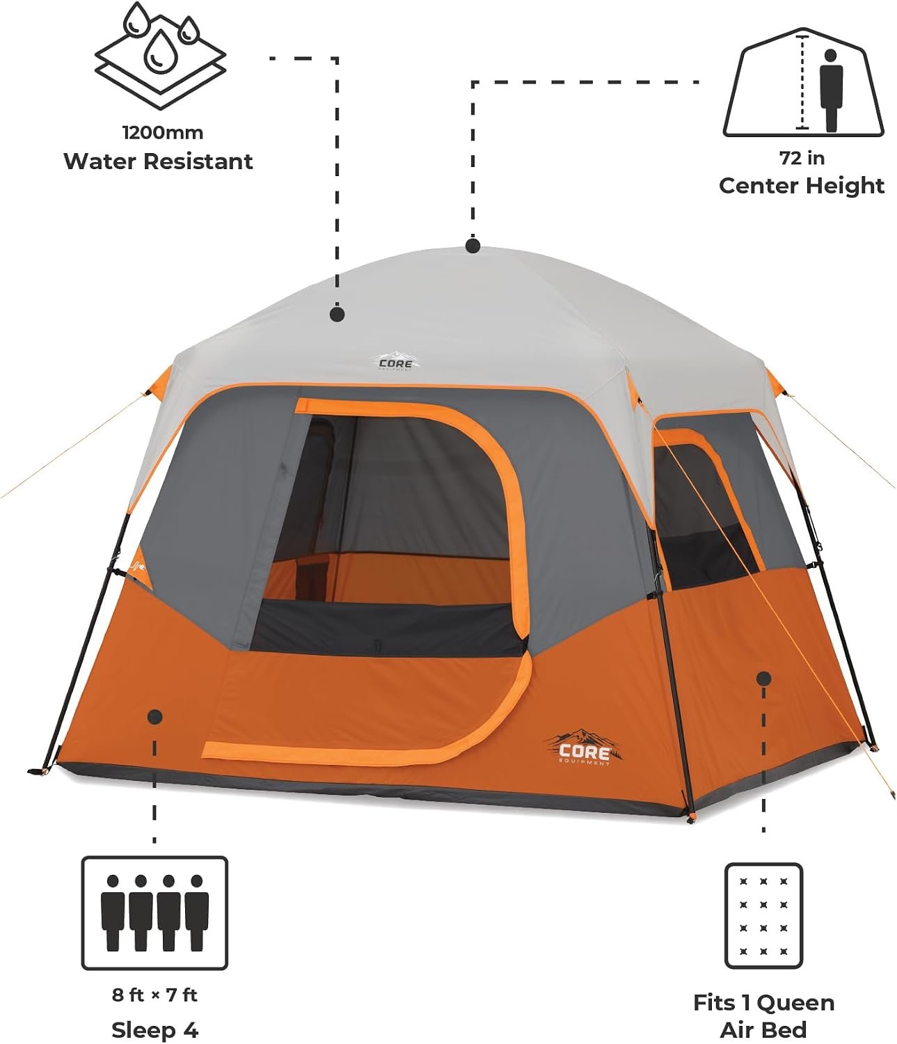 CORE Tent for Family Camping | 4 Person & 6 Person Portable Camp Tent with Carry Bag for Outdoor Car Camping | Included Gear Loft Organizer for Camp Accessories - Image 4