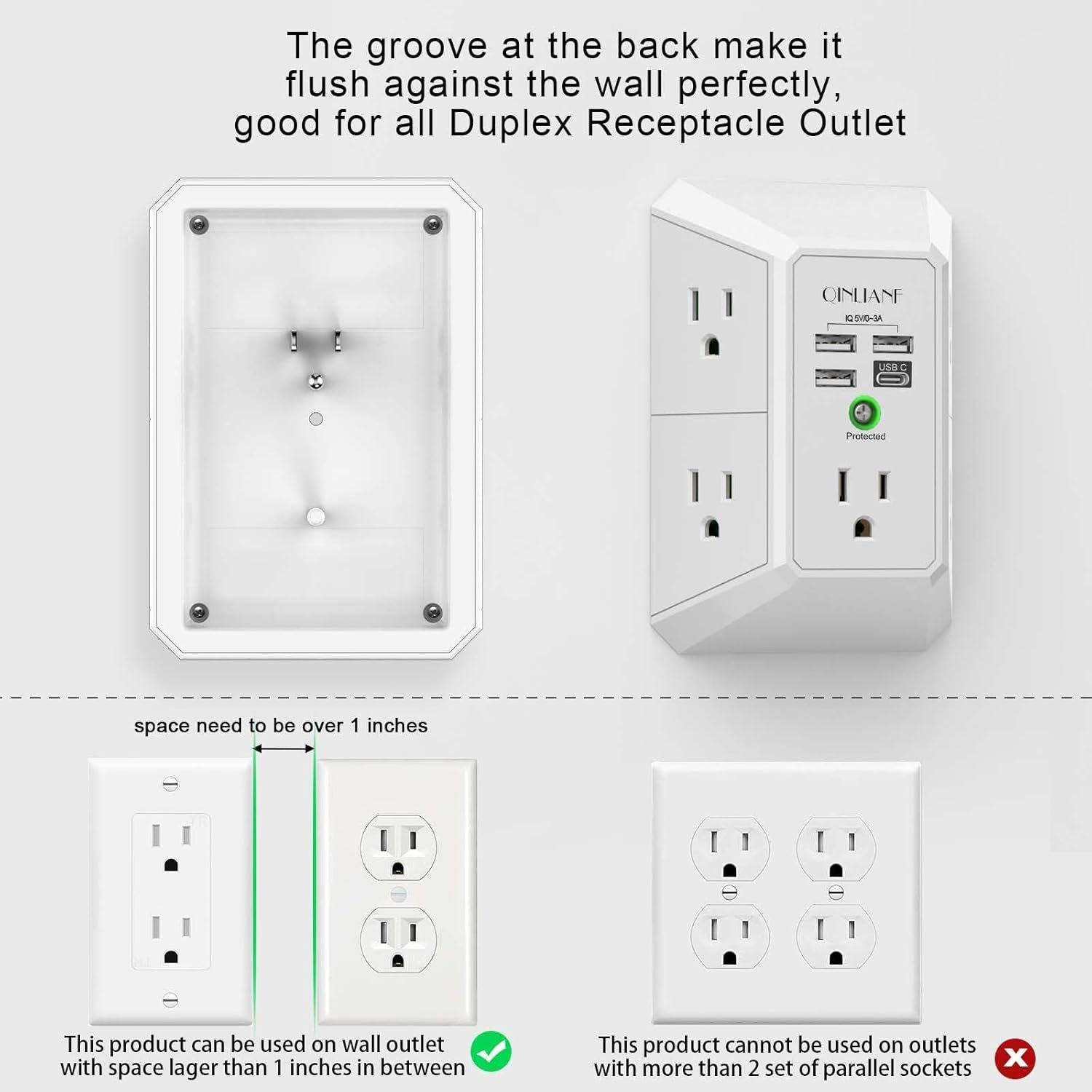 Wall Charger, Surge Protector, QINLIANF 5 Outlet Extender with 4 USB Ports | 1680 Joues, 3-Sided Power Strip, Multi Plug Wall Outlet Adapter Spaced for Home Travel Office - Image 3