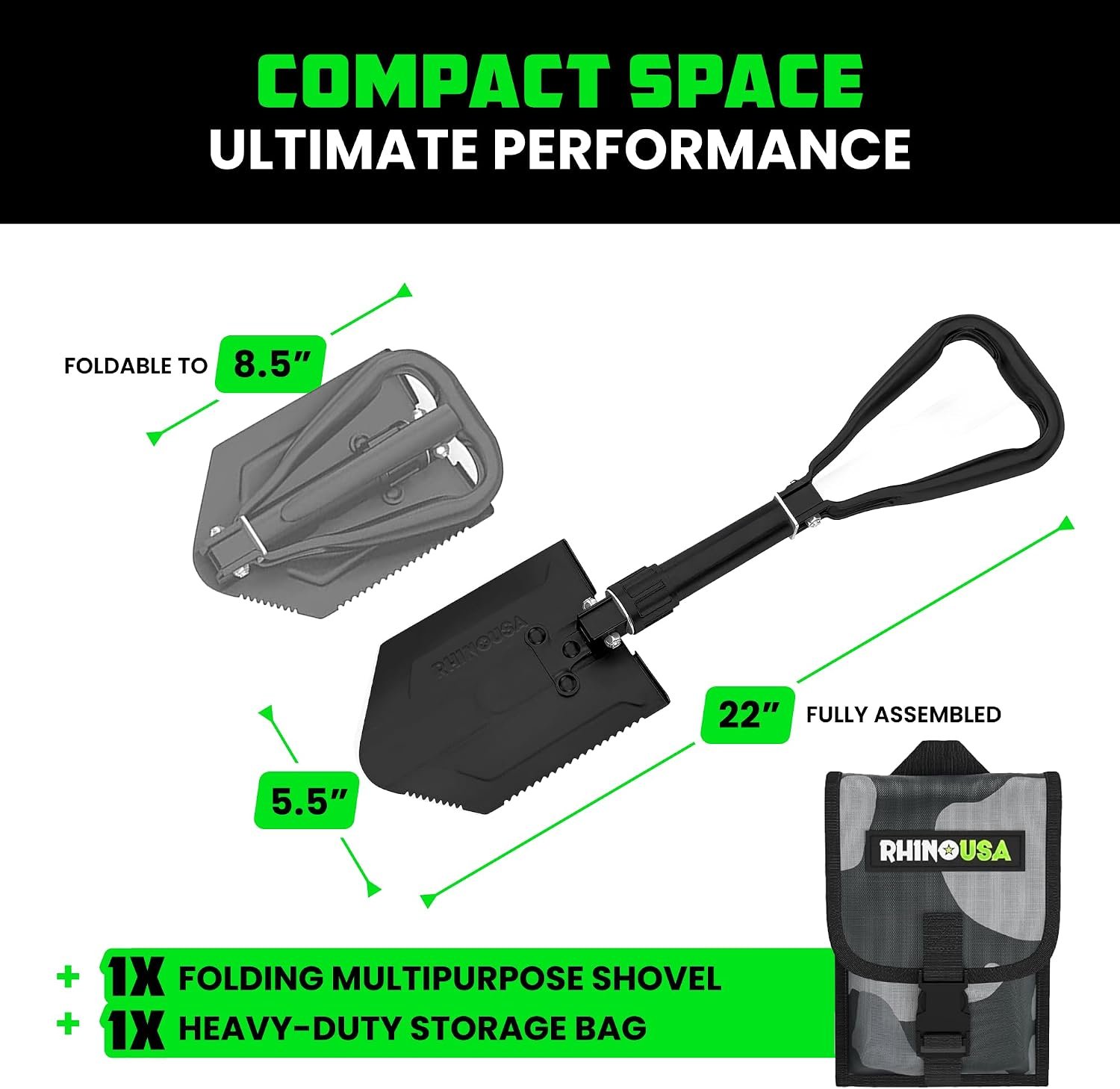 Rhino USA Folding Survival Shovel with Pick - Military Entrenching Tool | Heavy Duty Carbon Steel Folding Tool for Off-Road, Camping, Gardening, Beach. For Dirt, Sand, Mud & Snow Digging. Black - Image 5