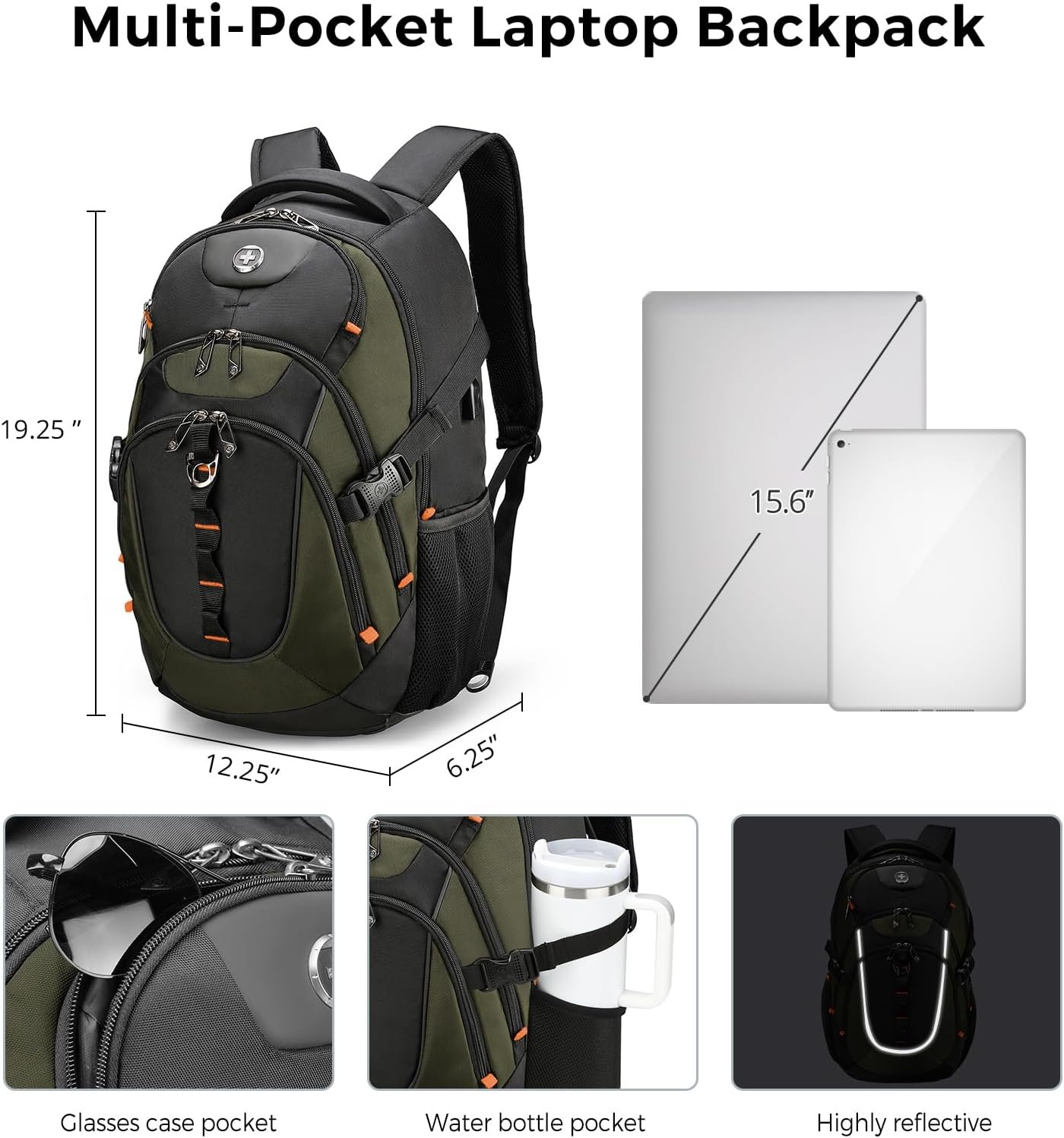 Swissdigital Design Laptop Backpack with USB Charging Port, Travel Backpack Fits 15.6 inches Computer, 31L College School Backpack for Men, Olive/Black | SD803-26 - Image 3