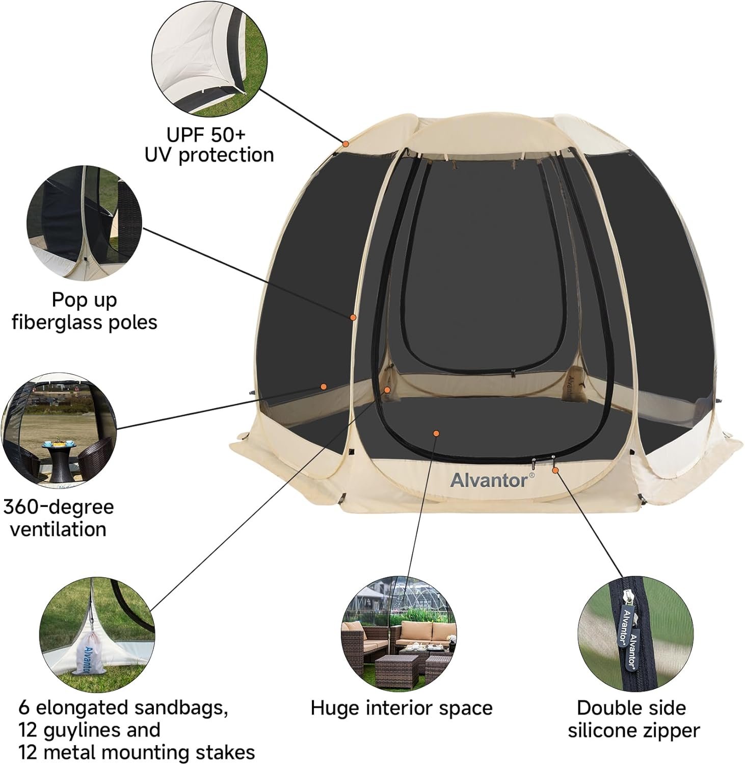 Alvantor Pop Up Screen House Tent, Instant Outdoor Gazebo with Mosquito Netting & UPF 50+ Sun Protection, Portable Canopy Shelter for Patio, Backyard, Camping (2-10 Person) - Image 4