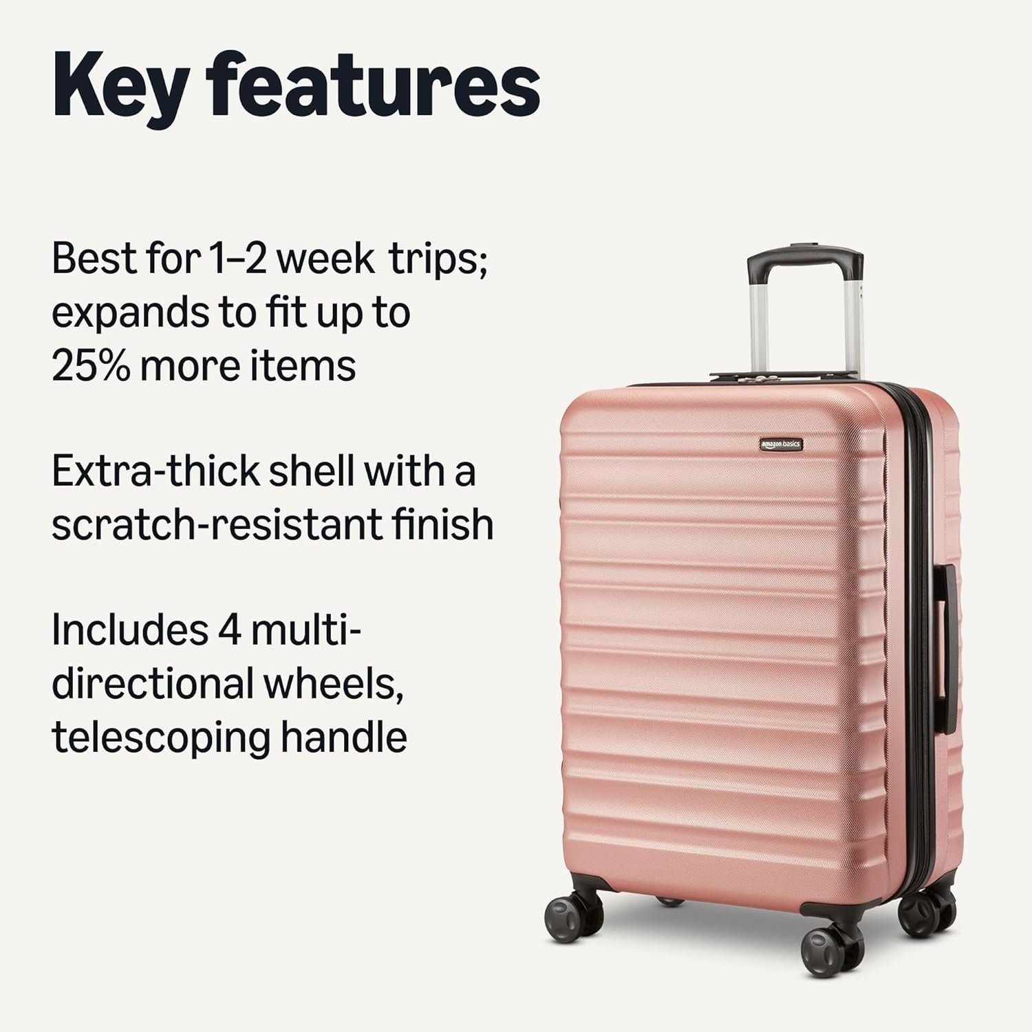 Amazon Basics 26" Hardside Medium Checked Luggage, Expandable Hardshell Suitcase with Telescoping Handle, Scratch-Resistant Surface, Four Multi-directional Wheels, Rose Gold - Image 2