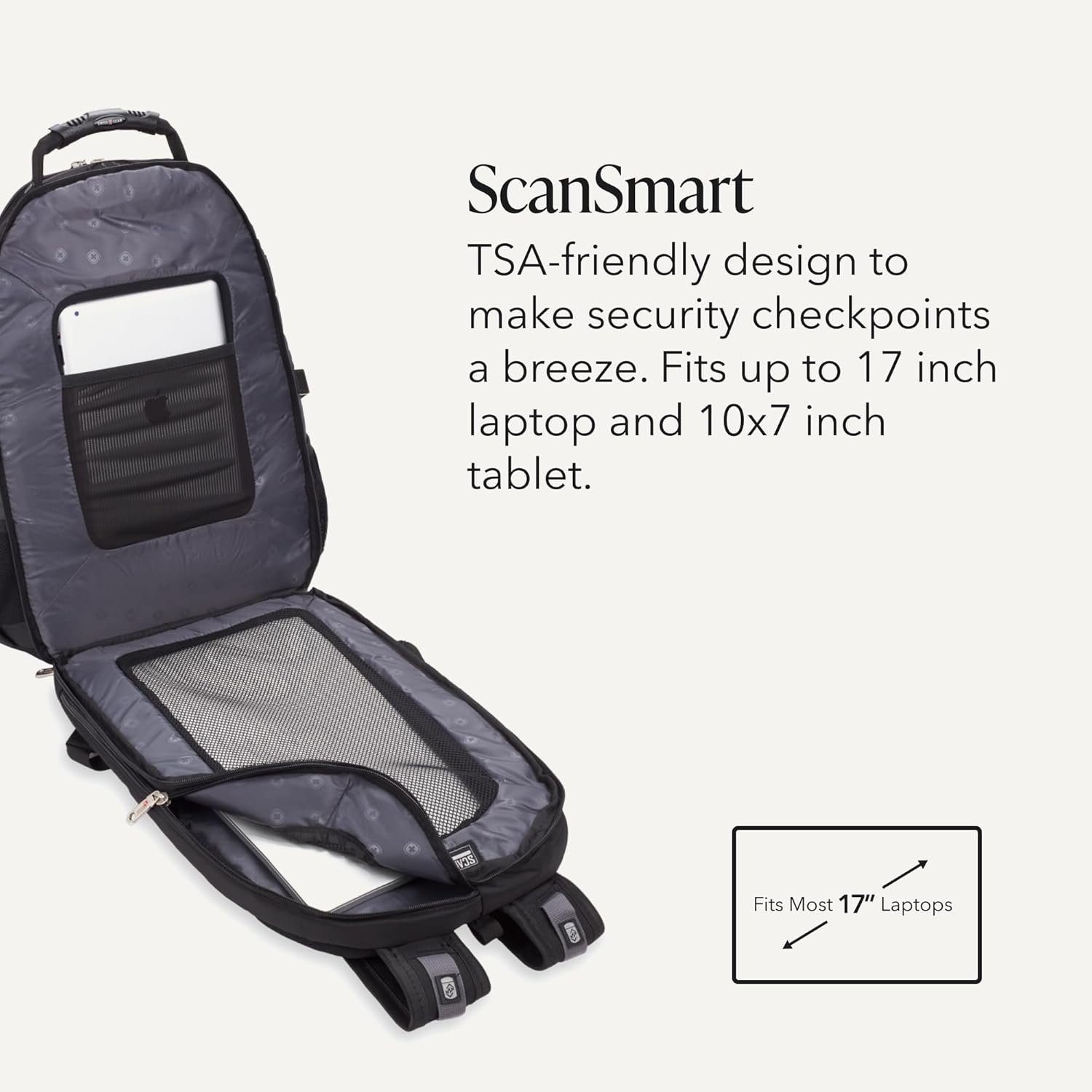 SWISSGEAR 1900 ScanSmart Laptop Backpack, Fits Most 17-Inch Laptops, TSA-Friendly Lay-Flat Design, RFID Protection, and Tablet Pocket, Black, 31L, 18.5-Inch - Image 3