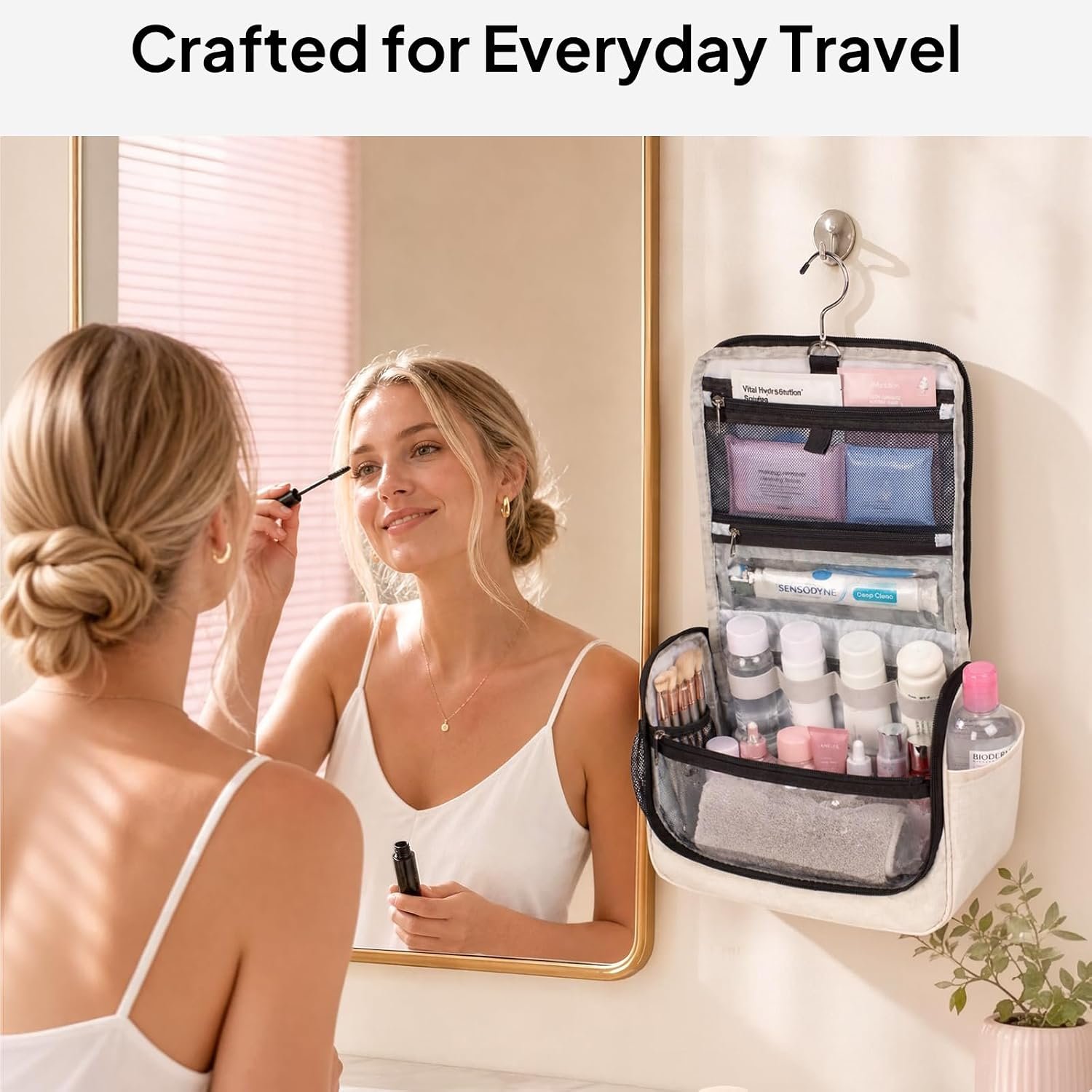 Travel Toiletry Bag for Women & Men, Waterproof Hanging Makeup Organizer | Portable Toiletries Organizer, Wide Opening Cosmetic Bag with Clear Pocket, Easy Access, Compact Size, Beige - Image 8