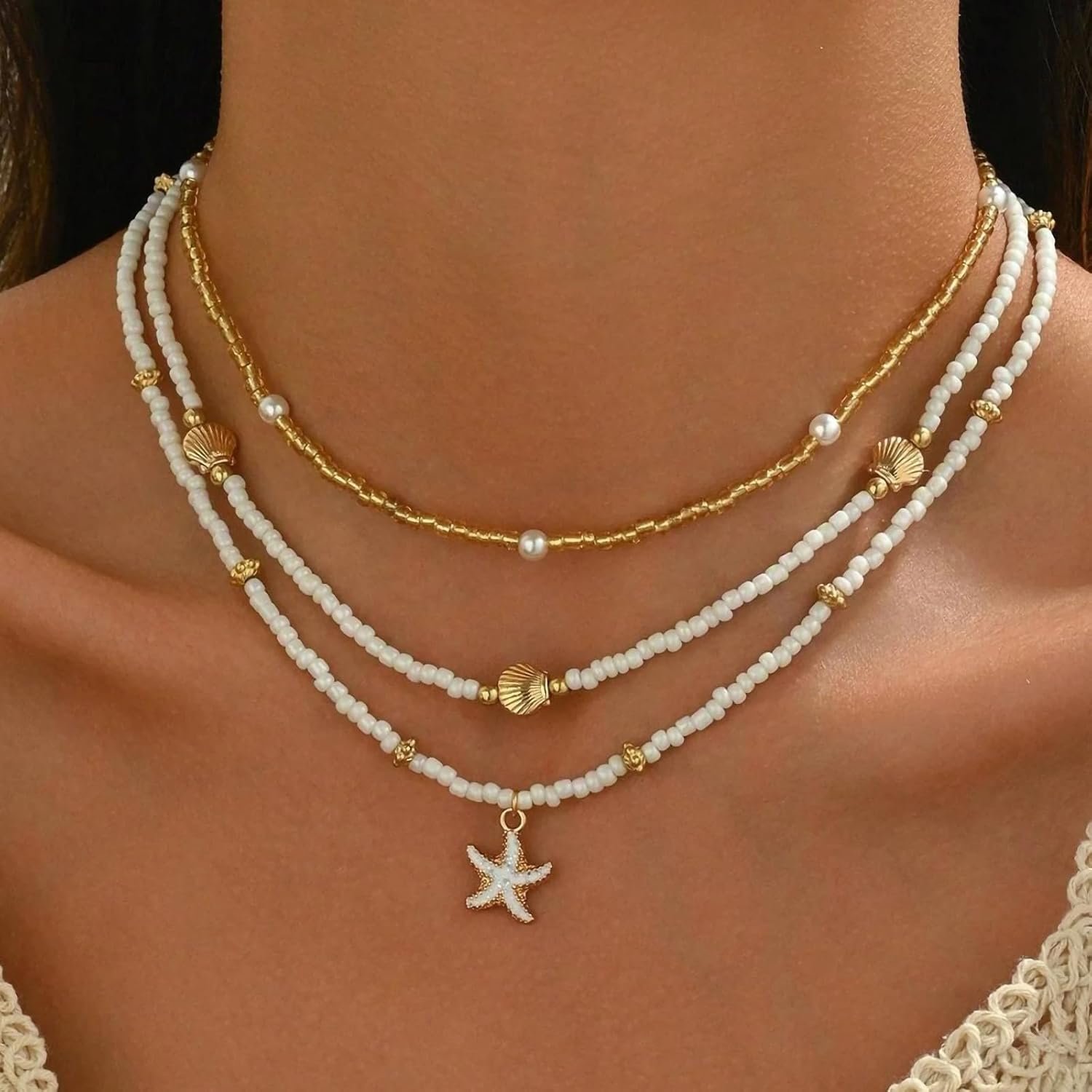 Nackiy Shell Starfish Necklace for Women, Boho Beach Vacation Jewelry | Gold Plated Layered Charm Necklace, Boho Bead Strands, Adjustable Fit, Pearl Shell Starfish Charms, Summer Jewelry Gift - Image 3