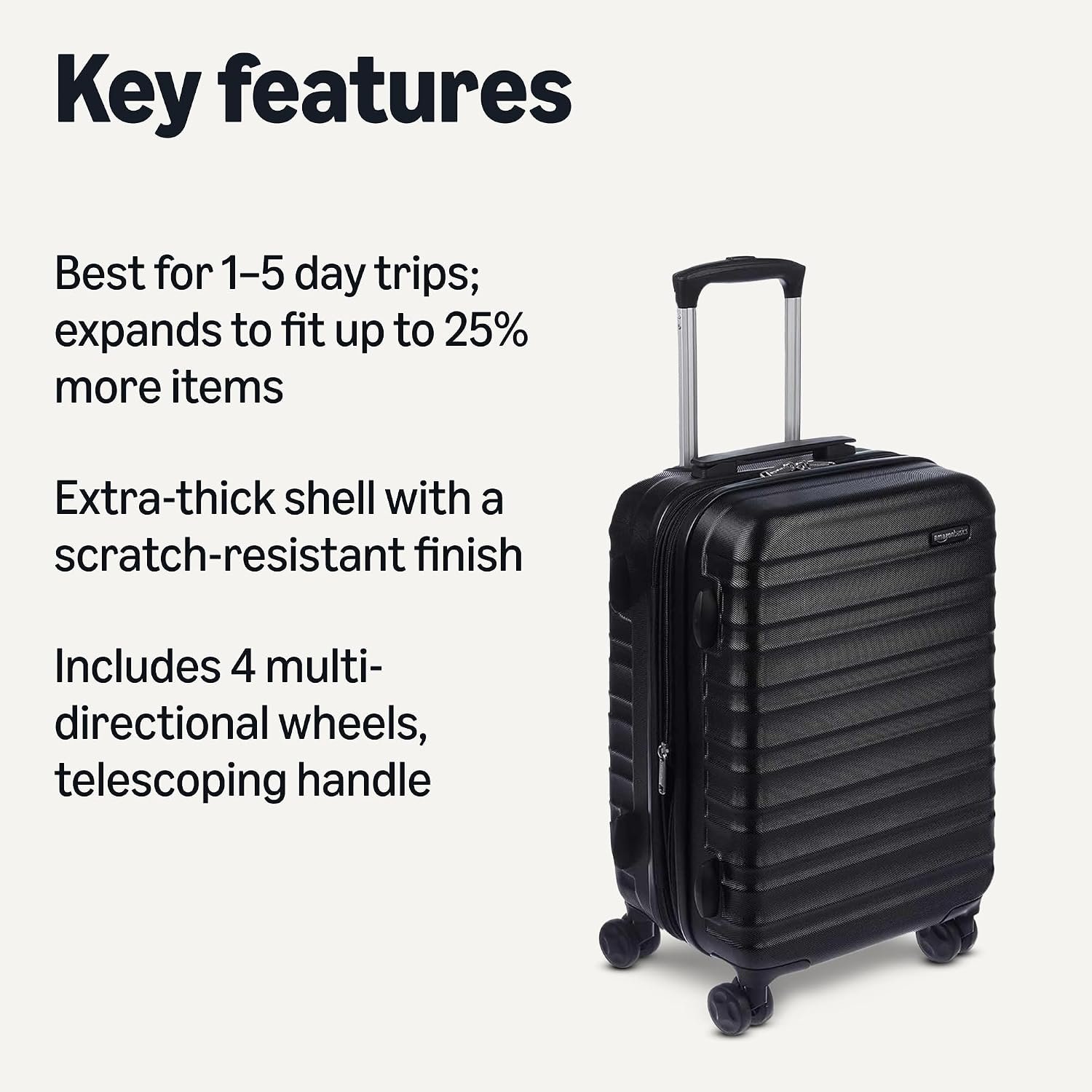 Amazon Basics 21" Hardside Carry-On Luggage with Spinner Wheels, Expandable for Up to 25% More Space, Scratch-Resistant Hard Shell, Telescoping Handle, Black - Image 2