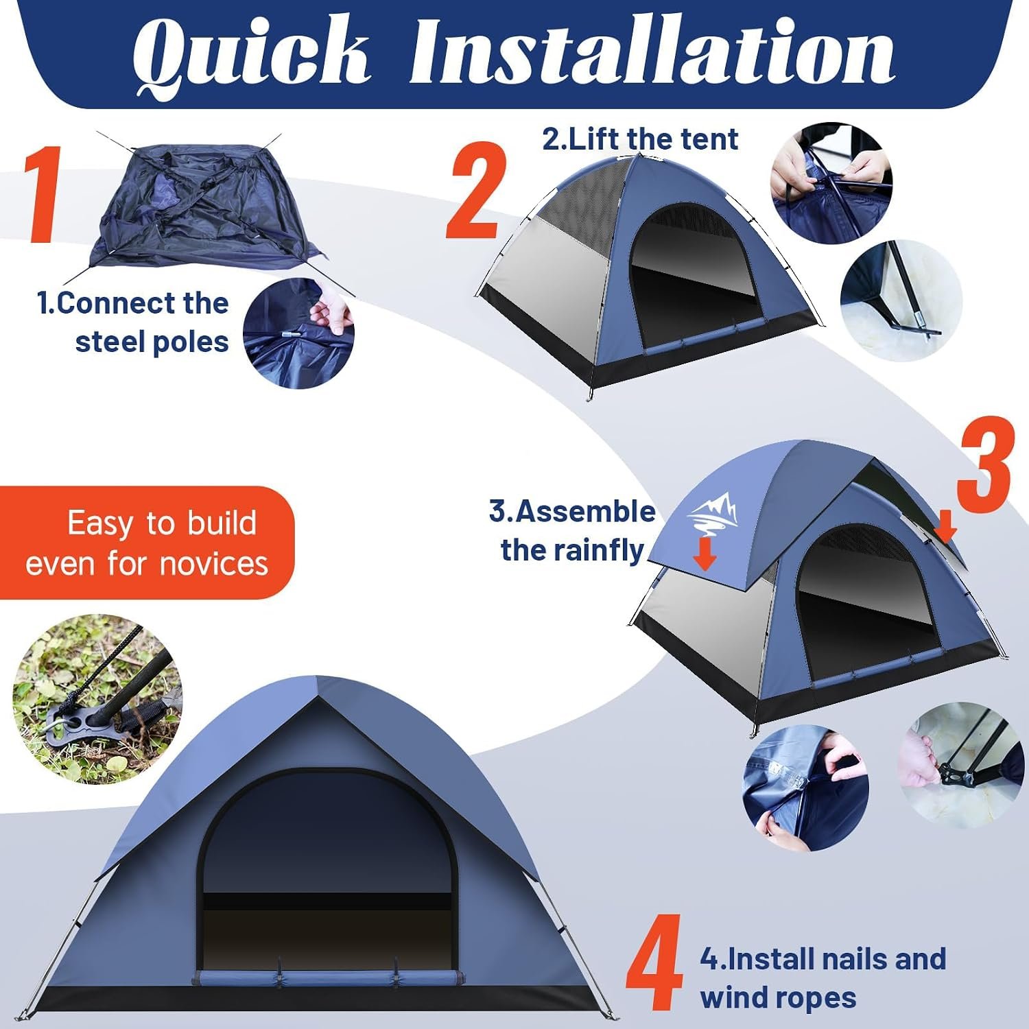 Tents for Camping 2-3 Person Tent – Camping Tent with Rainfly Waterproof 2500MM, Easy Setup in 5 Mins, Ourtdoor Dome Tents Lightweight Backpacking Tent for Couples, Small Families, Festivals, Backyard - Image 8