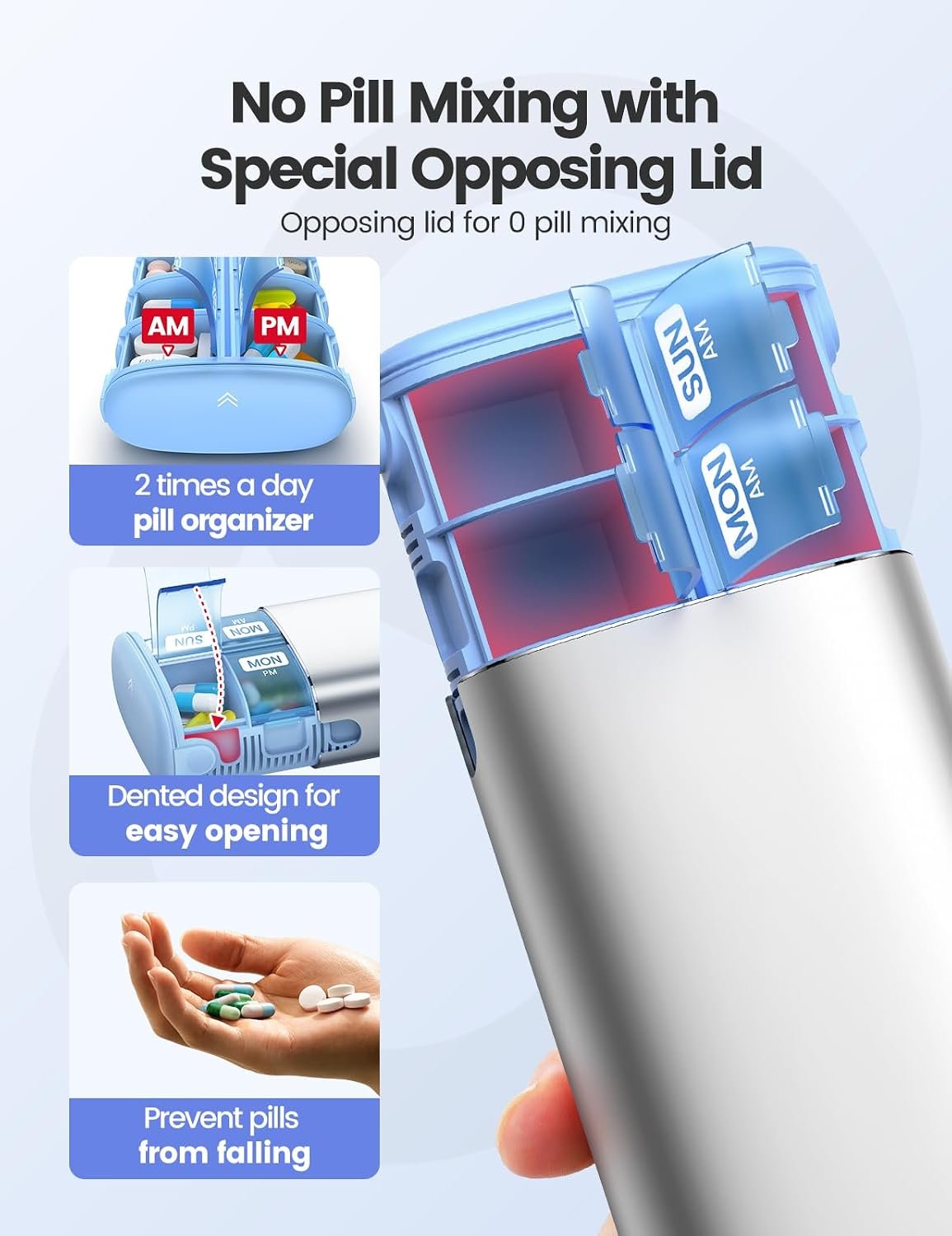 Vaydeer Metal 7 Day Travel Pill Organizer 2 Times a Day, Built-in Desiccant | AM PM weekly Travel Pill Case, Twice-Daily,Airtight Large Capacity Pill Box for Vitamins, Medication, Supplements & Fish Oil - Image 5