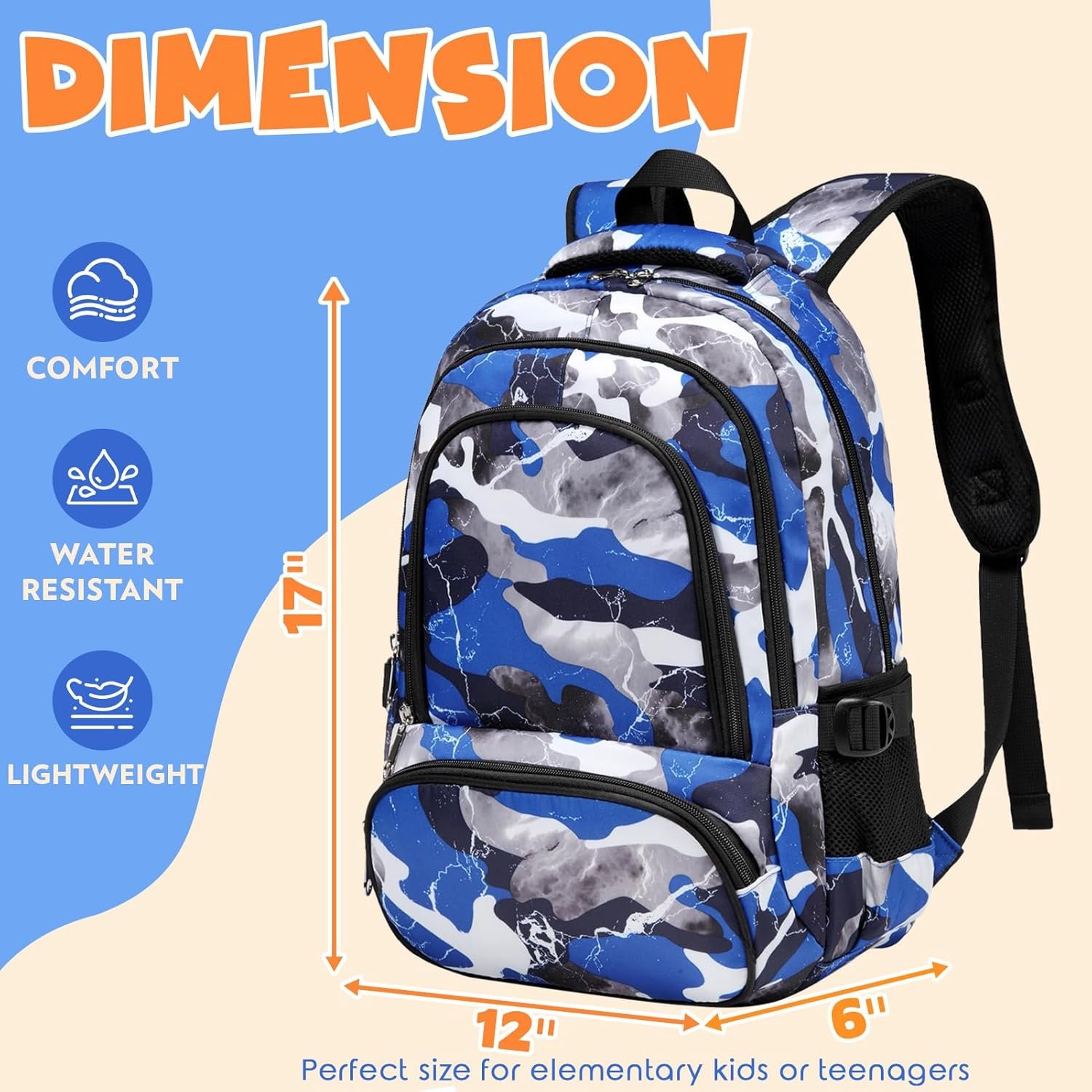 Kids Backpack for Boys Elementary Book Bags Primary Middle School Bookbags for Childs Water Resistant Back to School Gifts Son Mochila Escolares para Niños Aged 8-10 17 Inch Camo Blue - Image 2