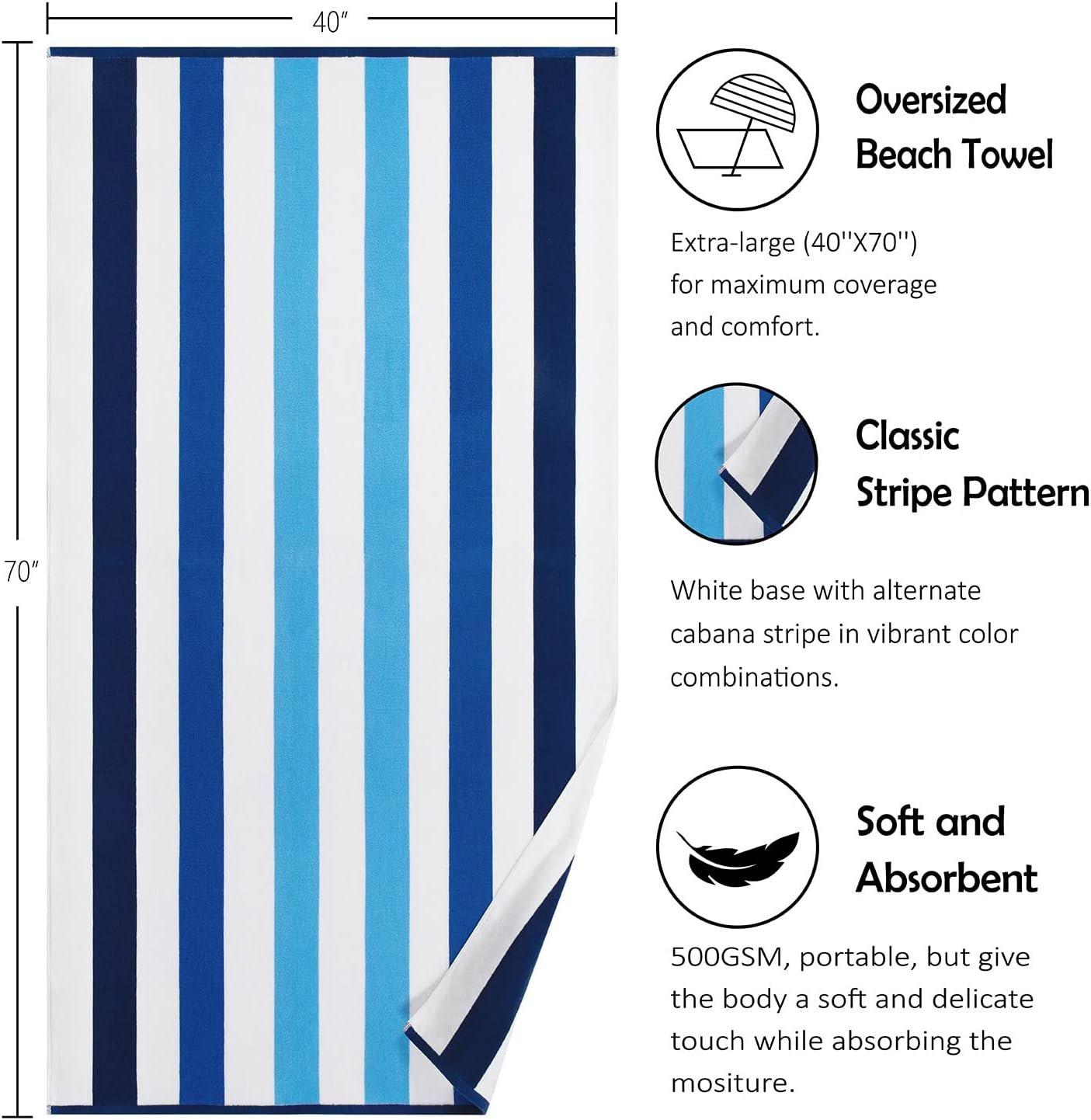Bornbay Cotton Oversized Beach Towel - Extra Large 40"X70" Plush Thick Pool Towel, XL Fluffy Multi Blue Beach Towels Stripe Swimming Towel for Adults Mens Women - Image 6