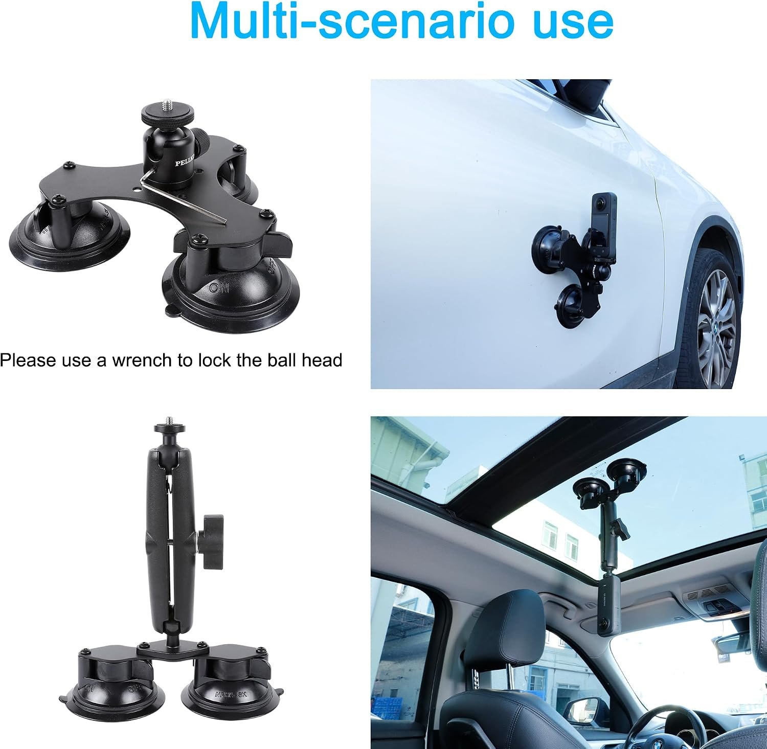 PellKing Suction Car Mount for Insta360 x5,x4, x3, x2, x,One RS,R Compatible with GoPro Max DJI OSMO 360 Camera 5 in 1 Suction Mount Kit for Action Cameras (Includes 44.9-inch Selfie Stick) | for GoPro Max 2 DJI OSMO 360 Camera,5 Suction cup Outside Windshield Mount Kit w Invisible Selfie Stick,Gapcam,Accessories - Image 5
