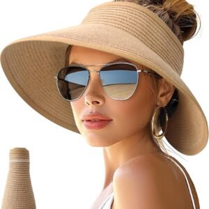 NPJY Sun Hats for Women Wide Brim Roll-Up Ponytail Packable Straw Visor | Wide Brim Hat with Open-Top Design, Packable & Foldable for Travel Beach Garden Gift