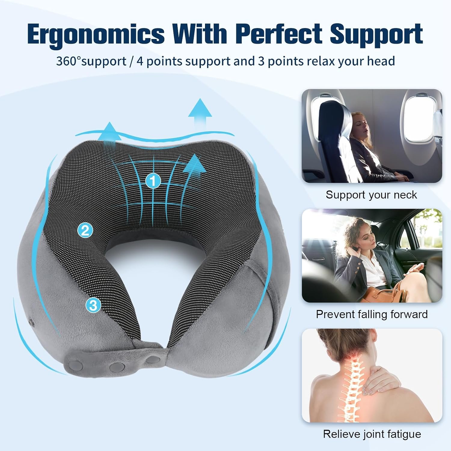 Cirorld Neck Pillow for Traveling, Travel Pillows for Airplanes Grey | 100% Memory Foam Travel Neck Pillow, Adjustable Flight Pillow, Portable Plane Accessories with Eye Mask, Earplugs, Carry Bag - Image 9