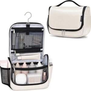 Travel Toiletry Bag for Women & Men, Waterproof Hanging Makeup Organizer | Portable Toiletries Organizer, Wide Opening Cosmetic Bag with Clear Pocket, Easy Access, Compact Size, Beige
