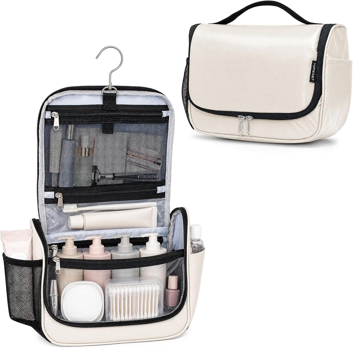 Travel Toiletry Bag for Women & Men, Waterproof Hanging Makeup Organizer | Portable Toiletries Organizer, Wide Opening Cosmetic Bag with Clear Pocket, Easy Access, Compact Size, Beige