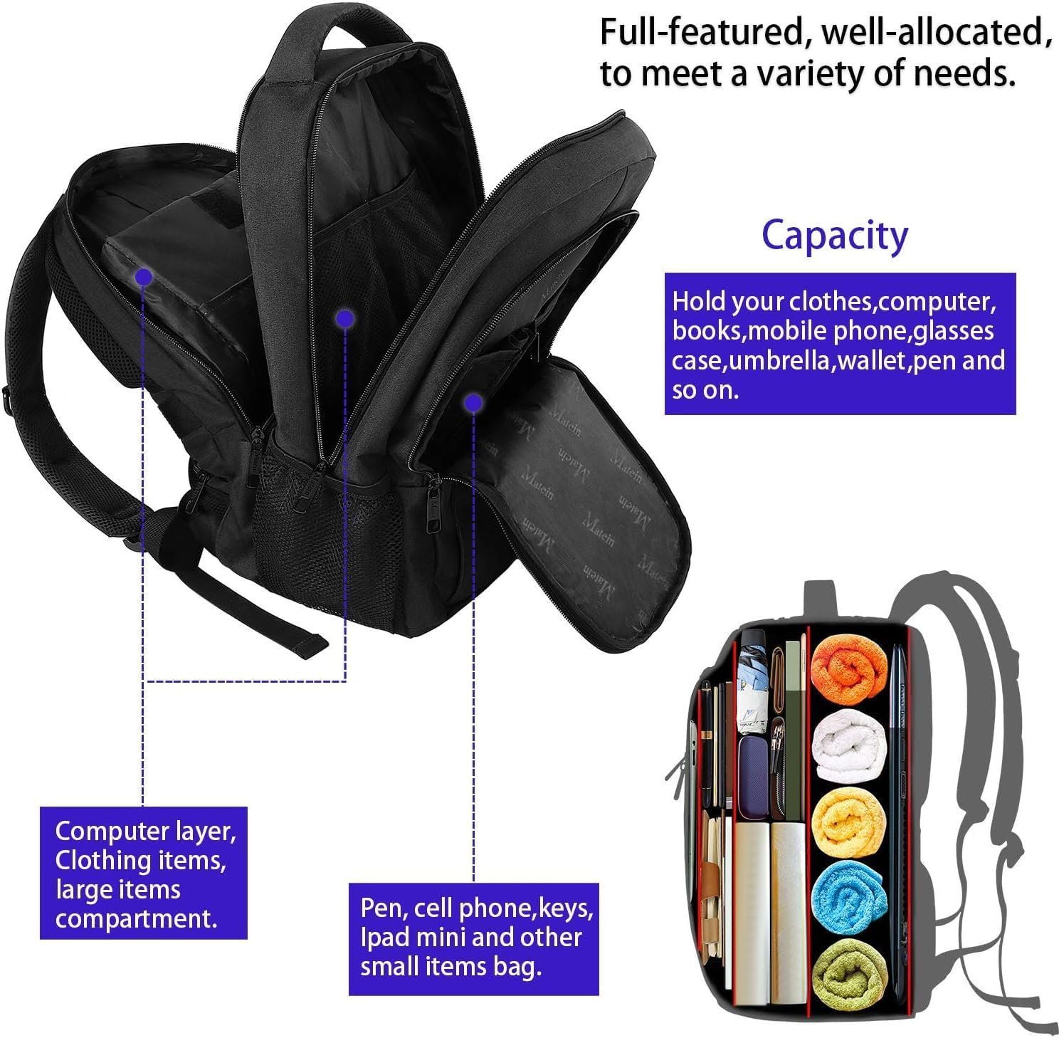 MATEIN Business Laptop Backpack, 15.6 Inch Travel Work Bag for Men Women | Water Resistant Daypack, Personal Item Bag Size, Anti Theft Pocket, Luggage Strap, Computer Backpack for Work College, Black - Image 7
