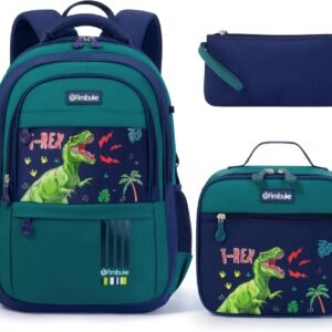 Fimibuke Kids Backpack for Boys, 3 PCS Dinosaur Backpack w/Lunch Box Set | Waterproof Boys Bookbag Lunch Box Combo for Toddler Kids Age 5-12 , Dino School Bag for Kindergarten to Middle Back to School