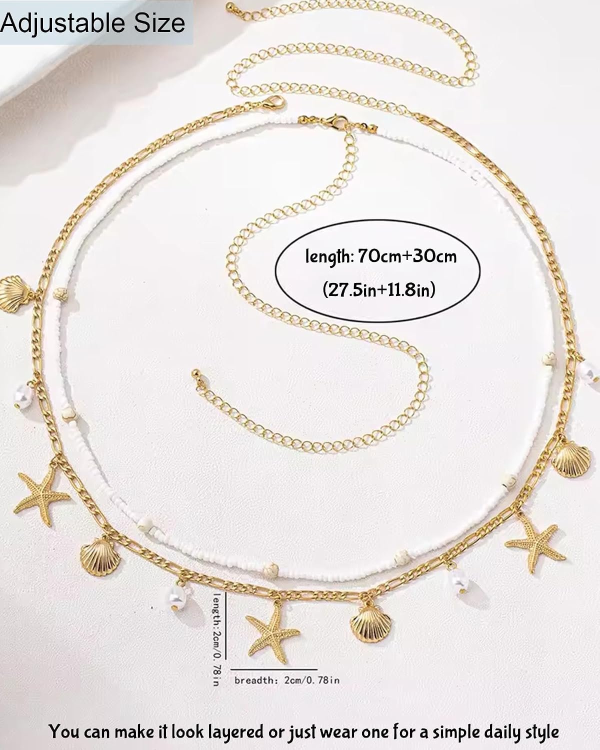 Gold Starfish Waist Chain for Women 2Pcs Adjustable Layered Belly Chain Bohemian Shell Beaded Bikini Body Chain for Beach, Summer Festival, Vacation & Boho Accessories - Image 6